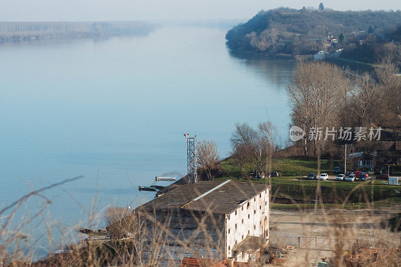 Aerial view panorama of historic Šarengrad Croatia and Danube river delta on border of Serbia and Croatia